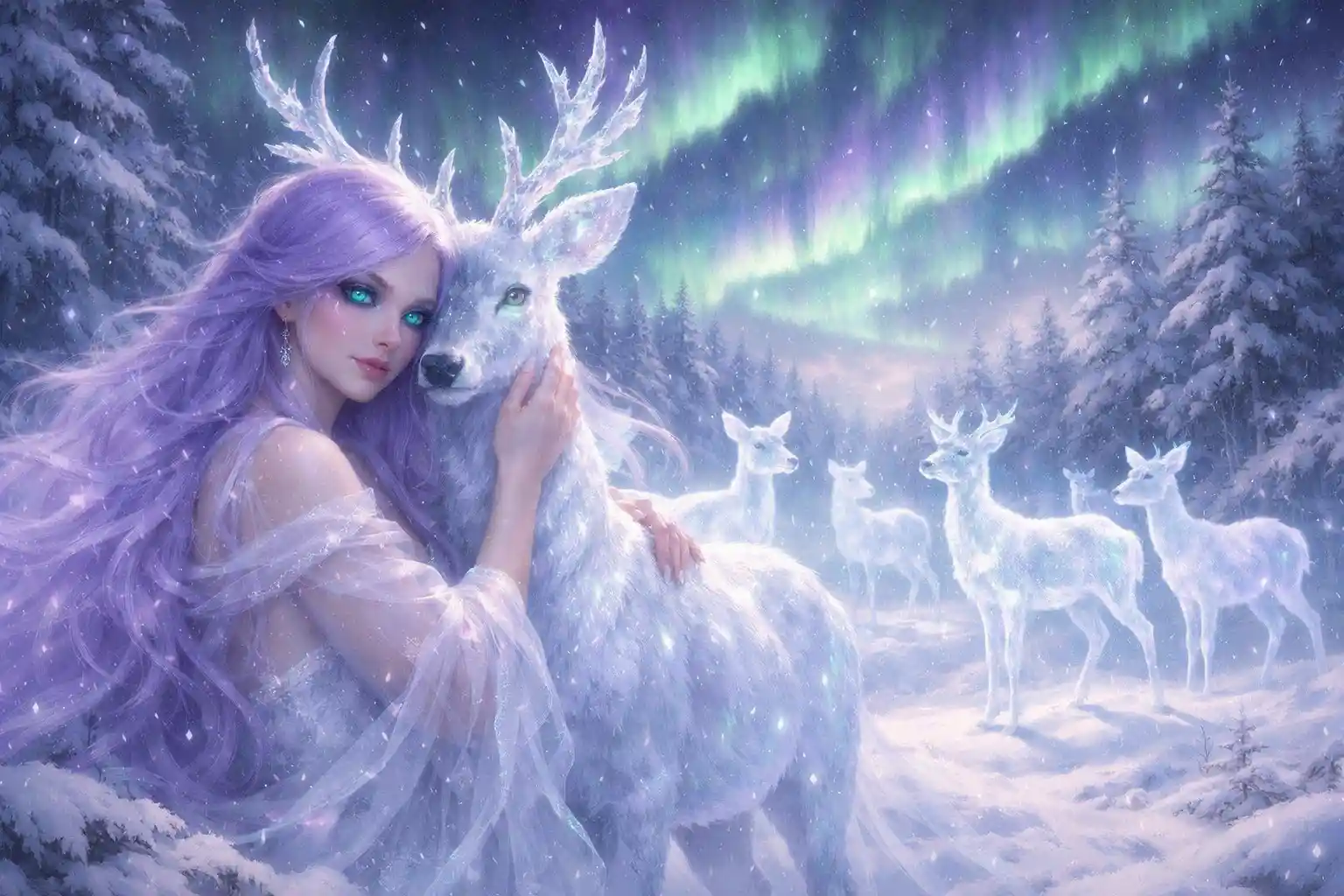Ethereal woman with ghostly deer in a snowy forest