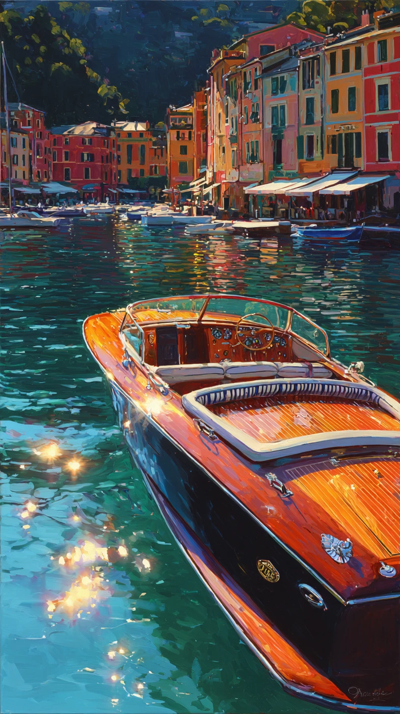 Riva speedboat in Portofino harbor at glowing golden hour