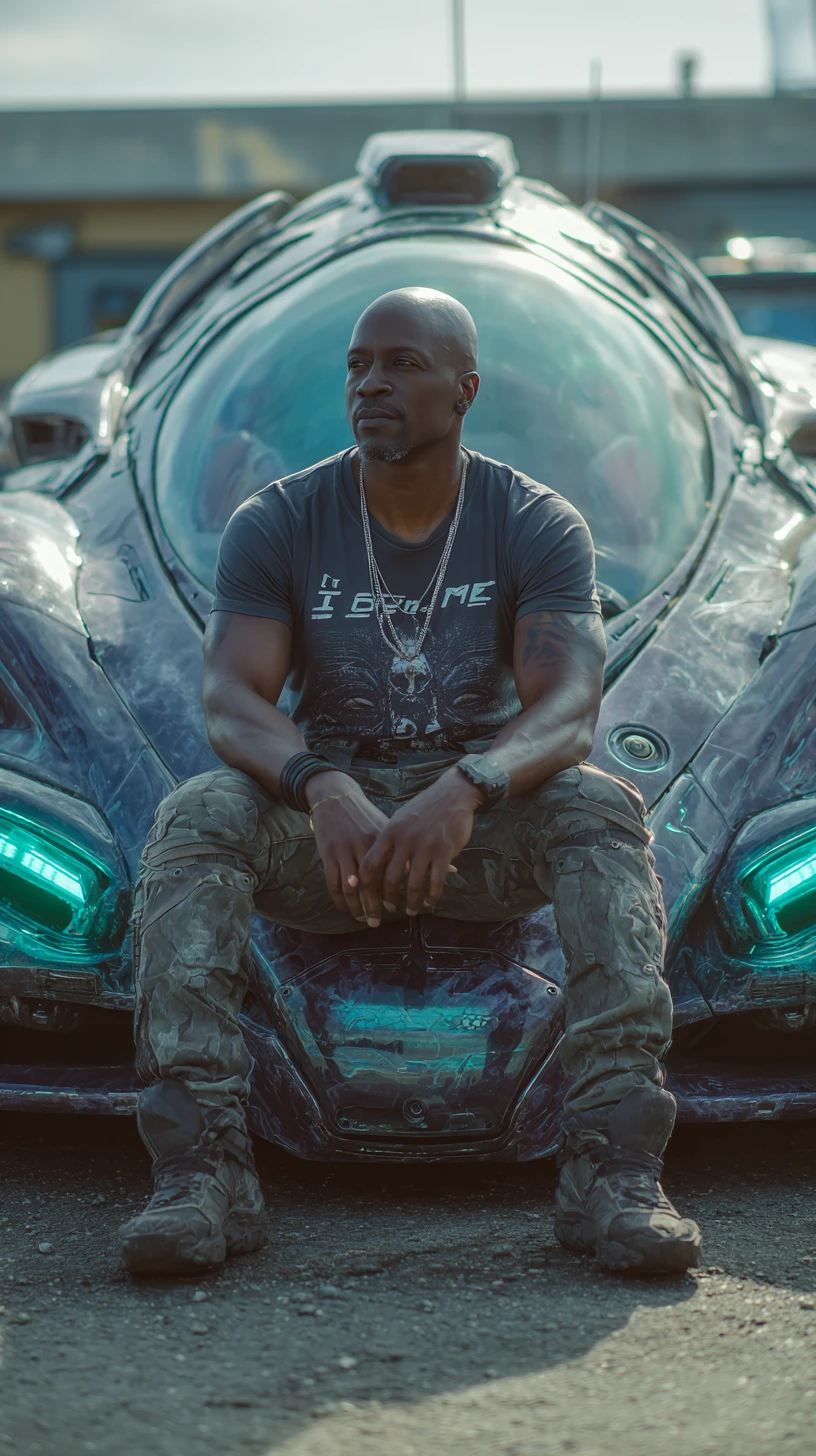Bald stylish man relaxing against a sleek futuristic vehicle