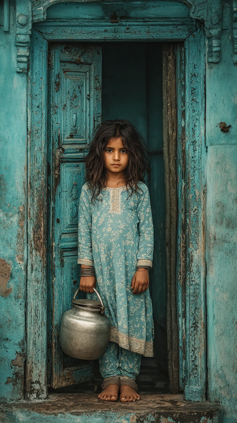 Giovane ragazza in salwar kameez blu a un portale rustico