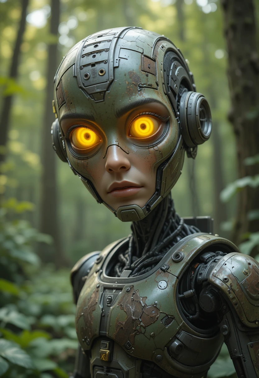 Humanoid combat robot with glowing eyes in green forest