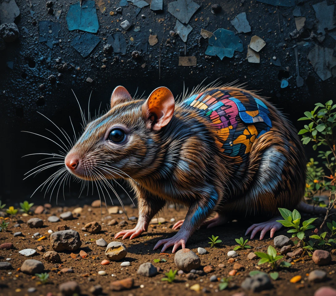 Brown rat close up on earthy forest floor in daylight