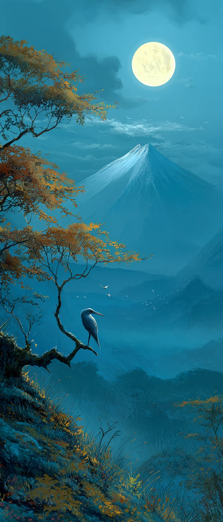 Paisaje montañoso japonés tranquilo bajo la luna llena de otoño
