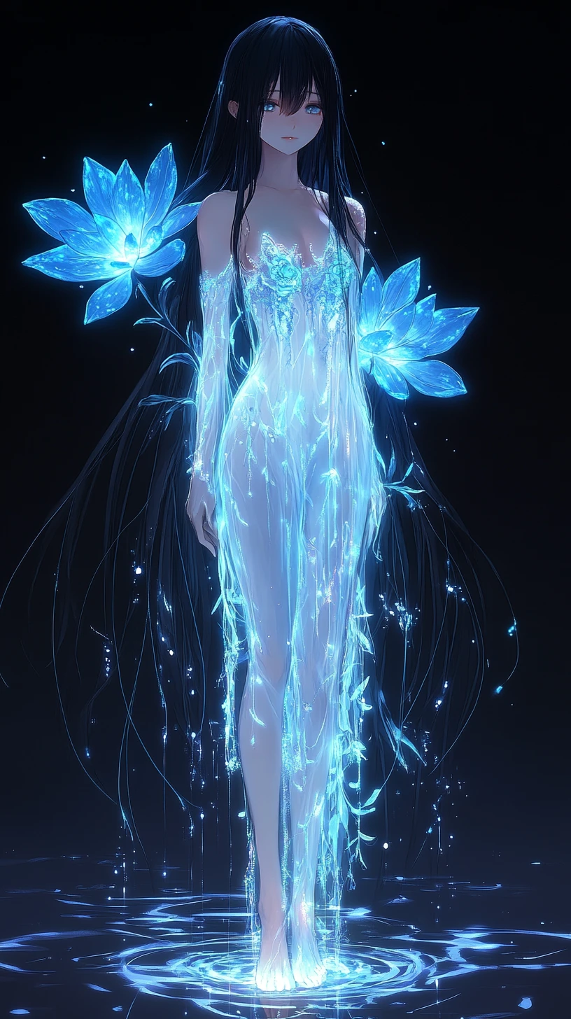 Ethereal anime woman glowing in the dark void