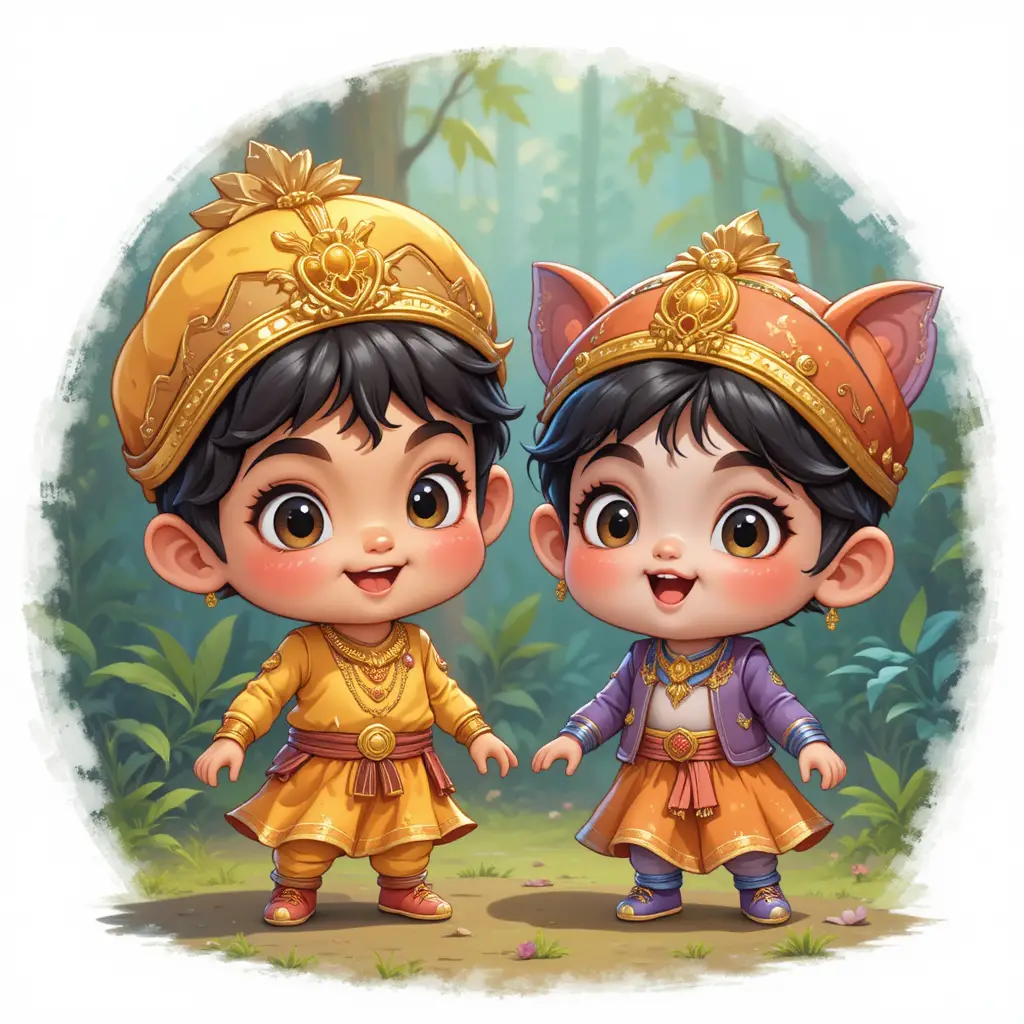 Two cute cartoon monkeys playing together in the jungle