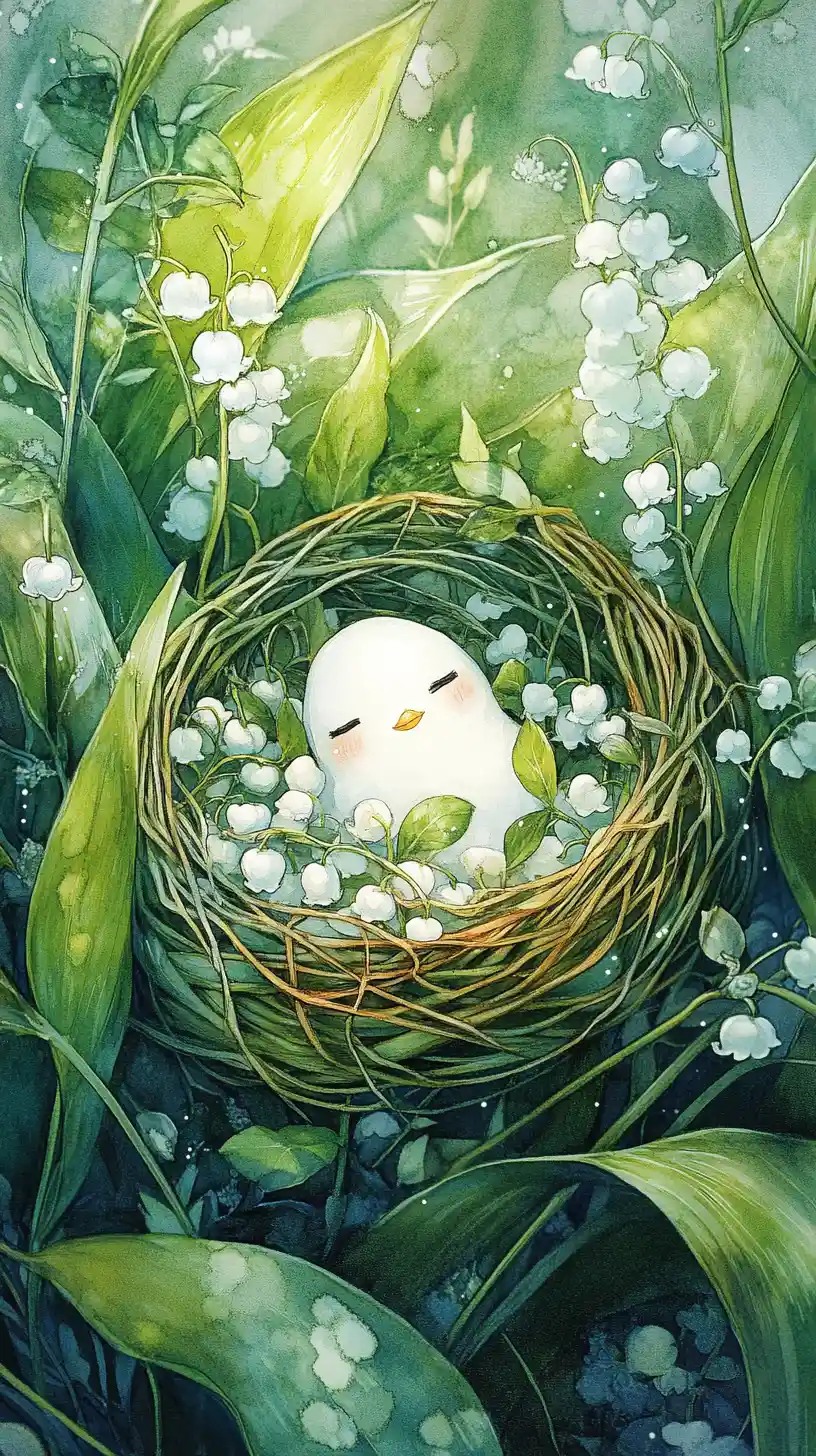 Ilustración alegre de lirios de los valles en un nido de jardín