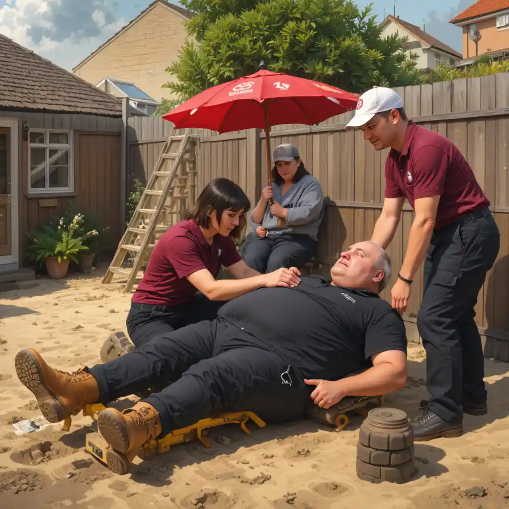 Injured man on yard ground helped by worried woman