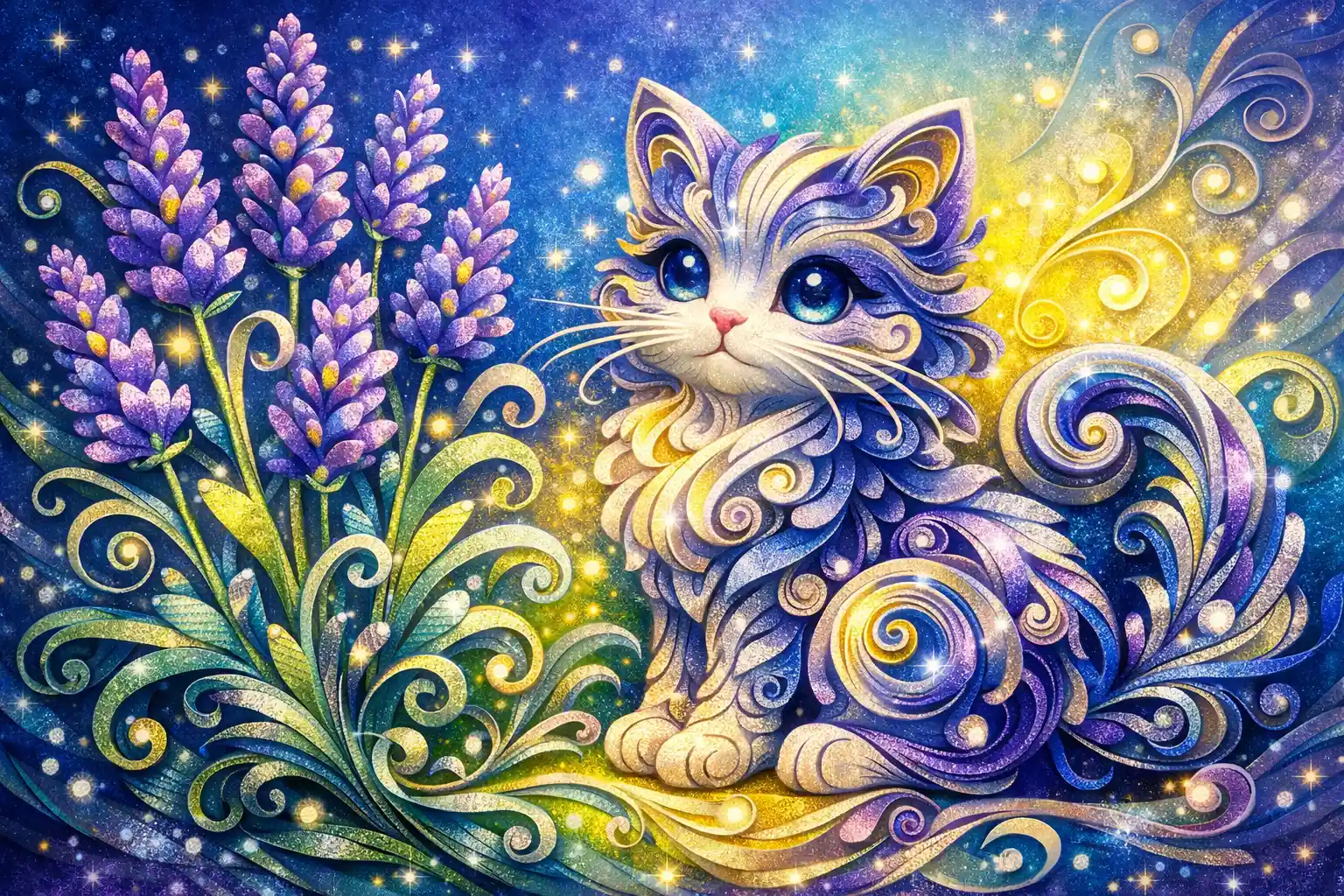 Verspielte Paper-Quilling-Katze neben blühendem Lavendel
