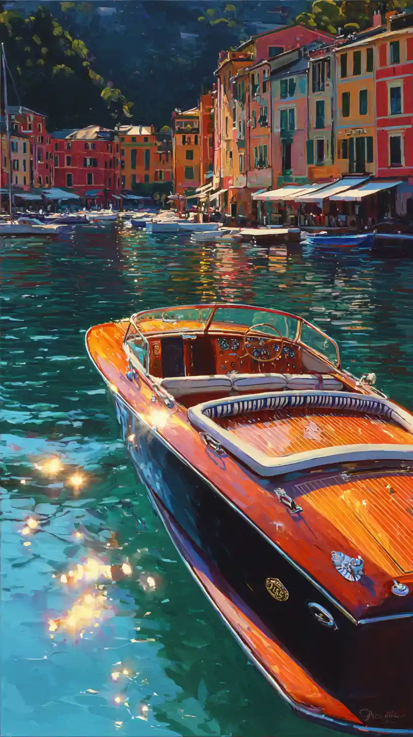Riva speedboat in Portofino harbor at glowing golden hour
