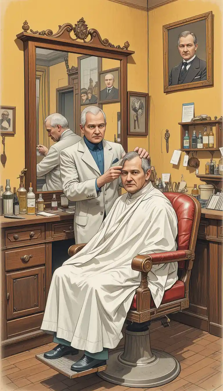 Barbiere calvo che taglia i capelli a un cliente in una barberia classica