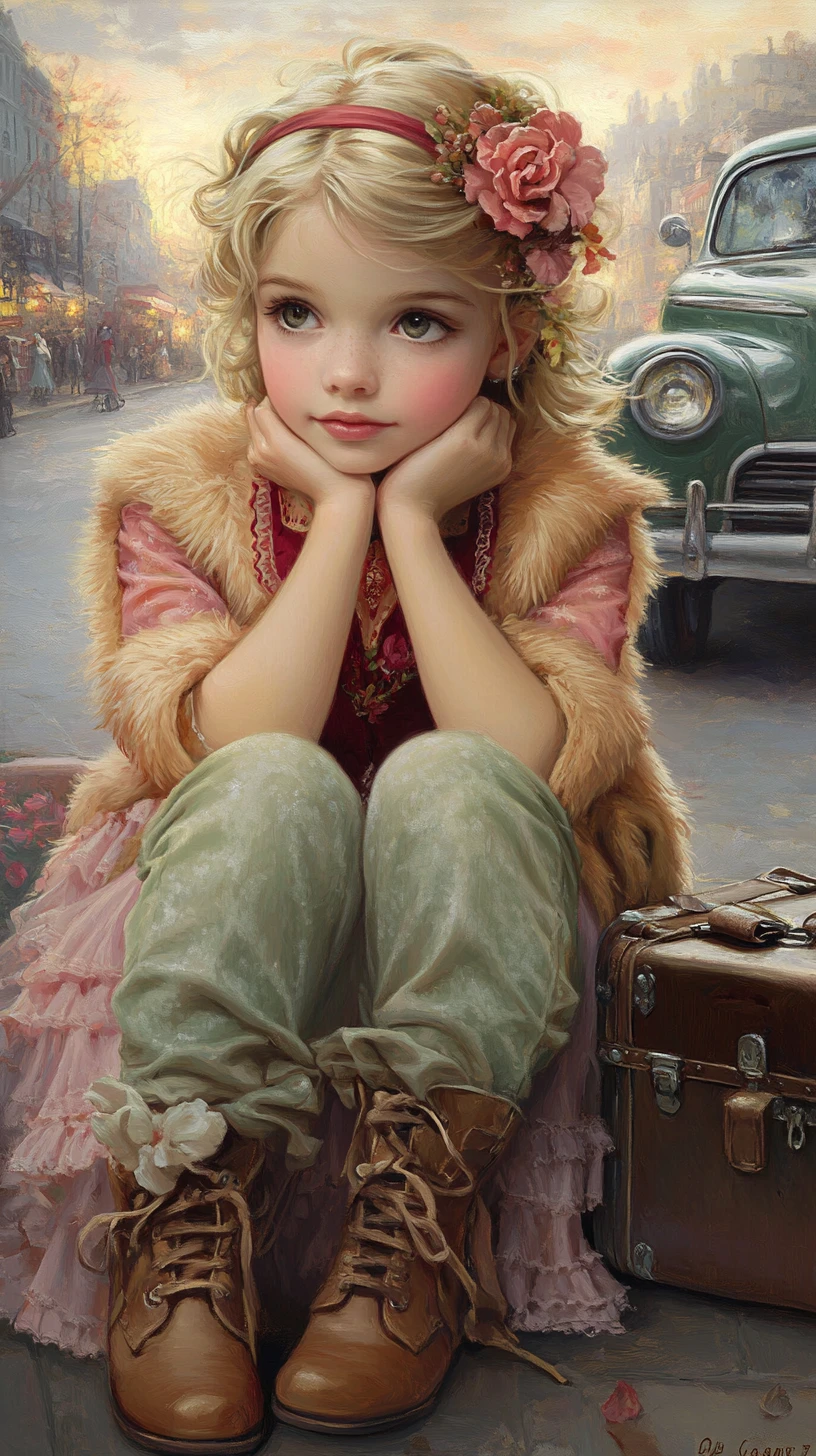 Blonde girl in fur jacket on vintage city street