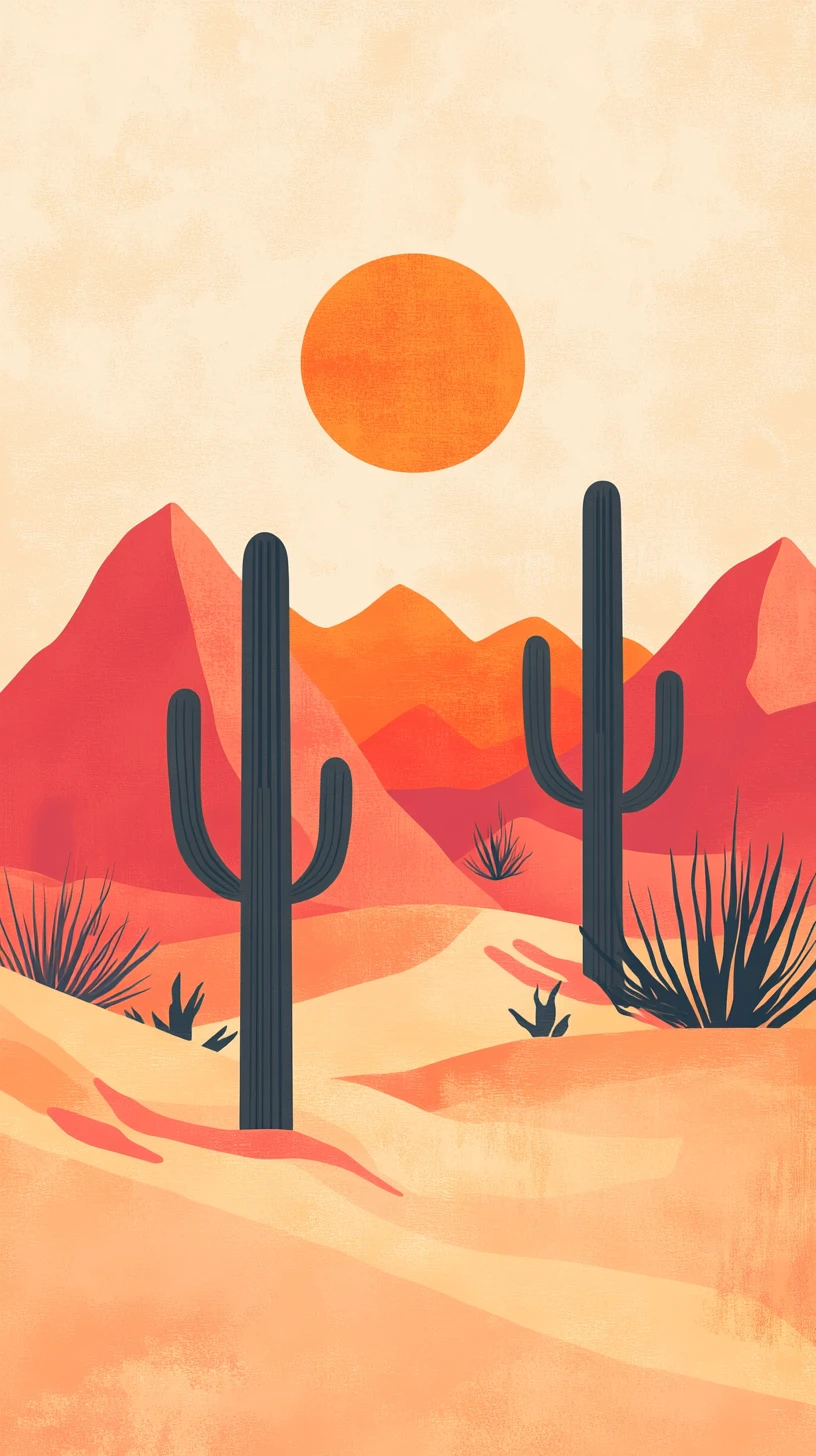 Minimalist desert landscape with mountains cacti and lizards