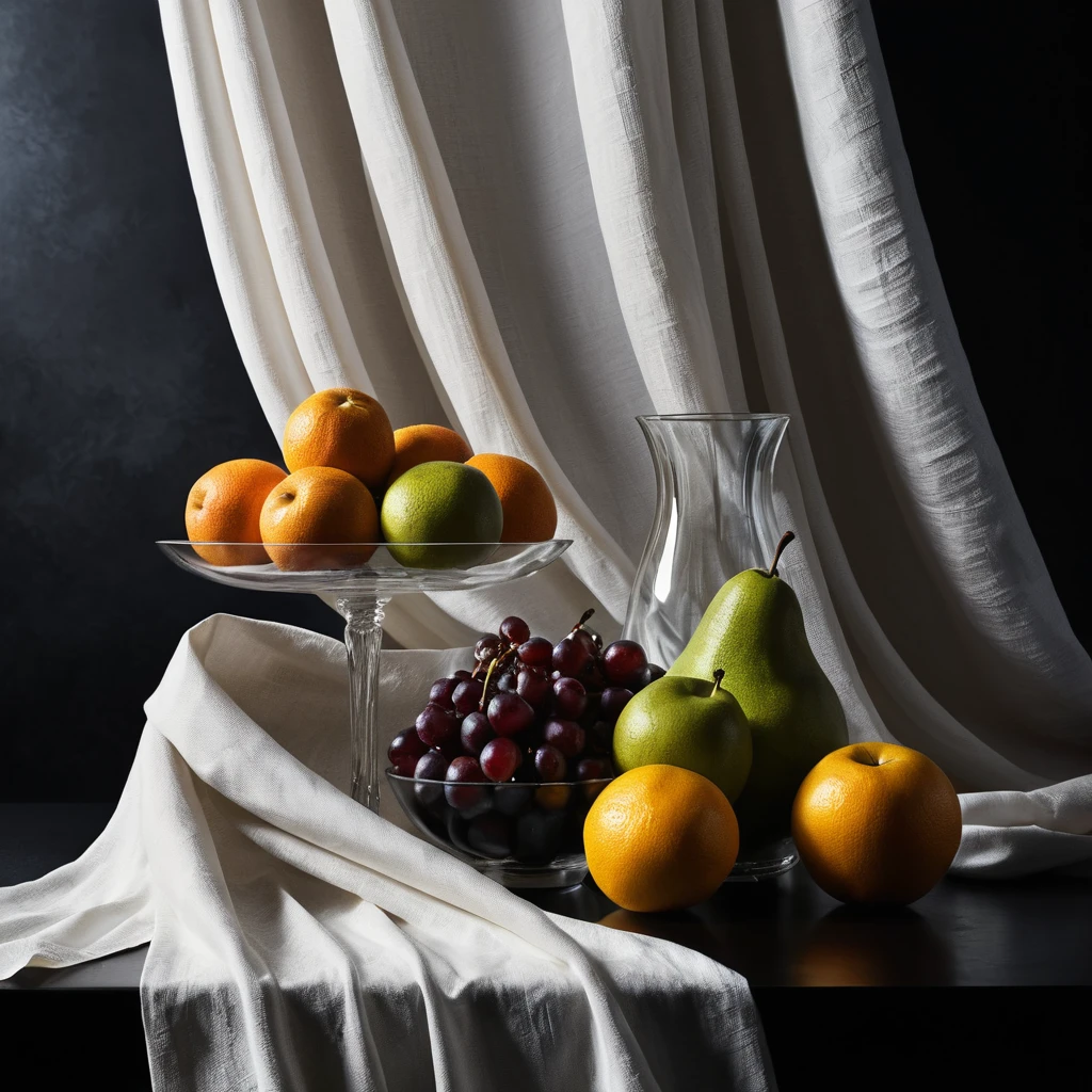 Dramatic still life fruit and glass with bold directional light
