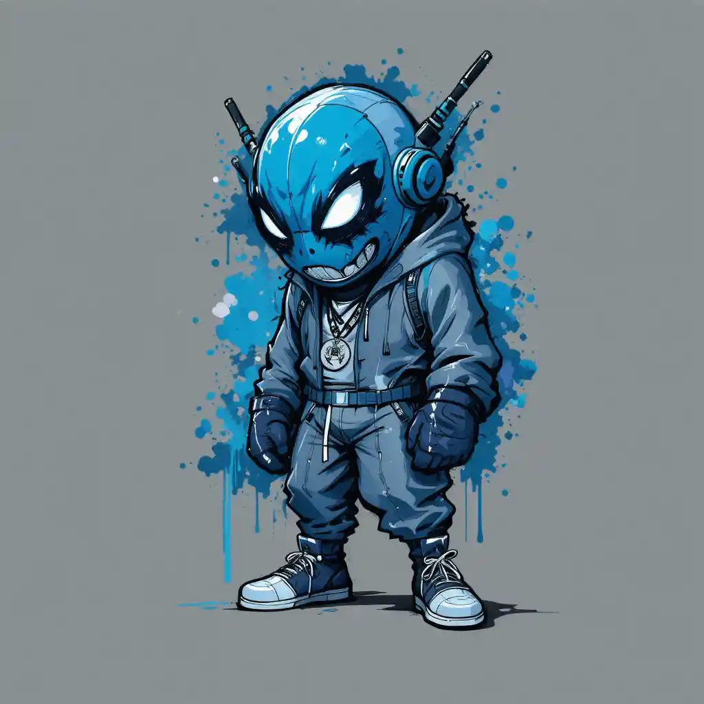 Graffiti character sketch with blue spray paint accents