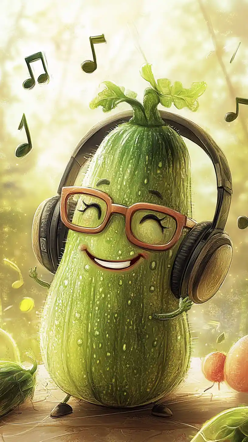 Cute zucchini character with headphones and glasses
