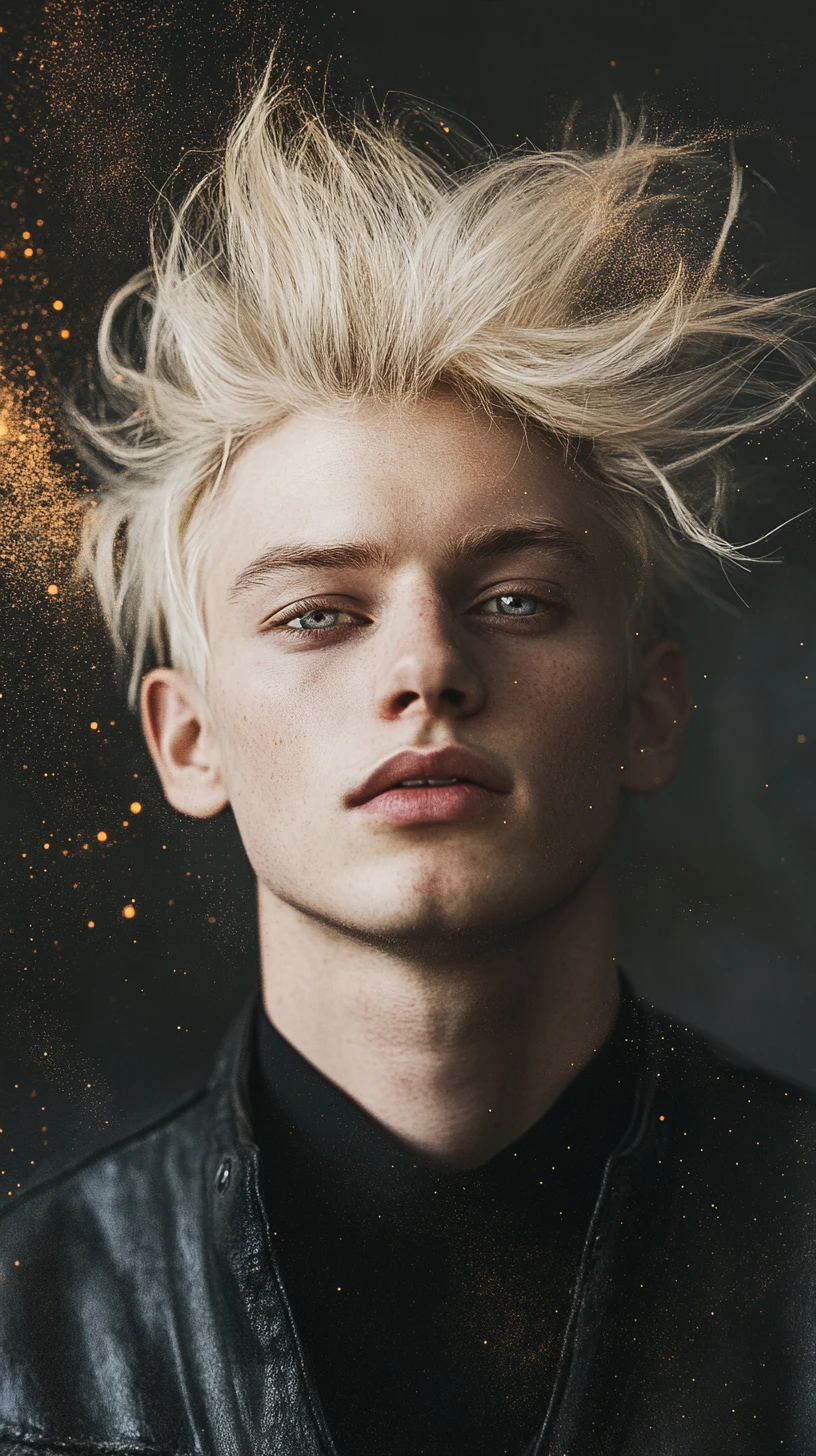 Androgynous man with red glasses in close up portrait