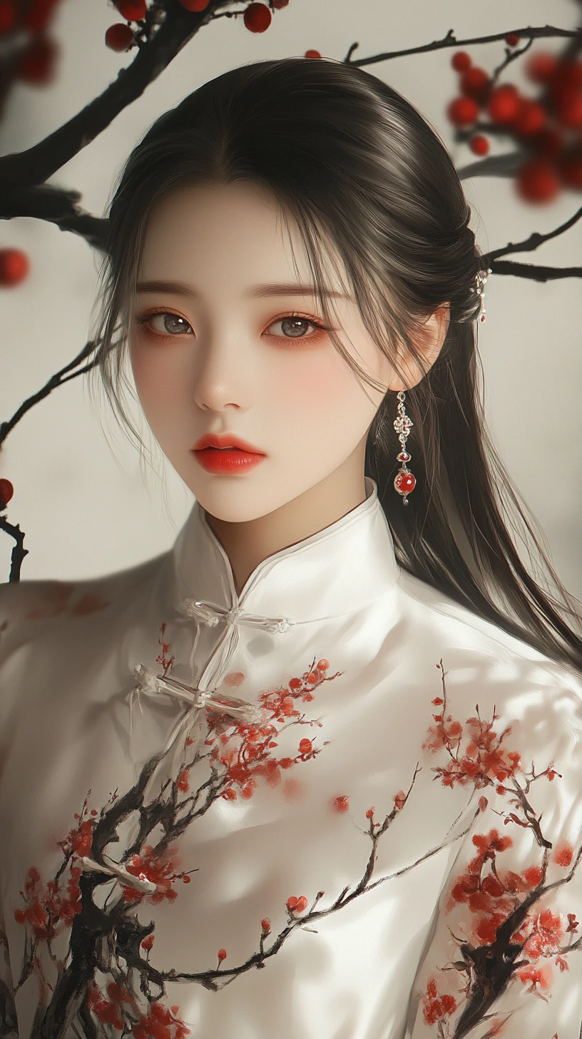 Elegant girl in white qipao framed by red plum blossoms