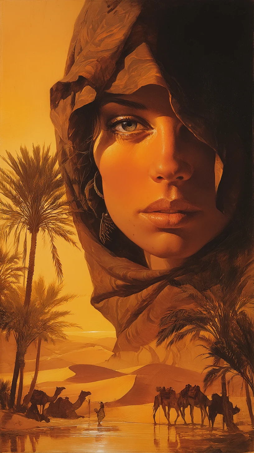 Desert goddess woman beside oasis at warm sunset