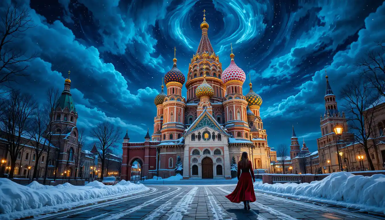 Beautiful Russian woman walking at night in snowy Moscow