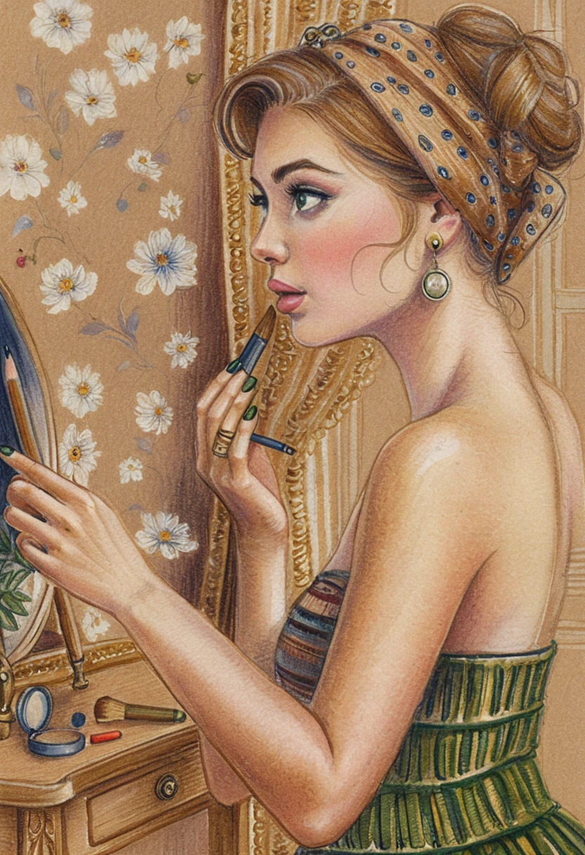 Loira pin-up passando batom em penteadeira vintage