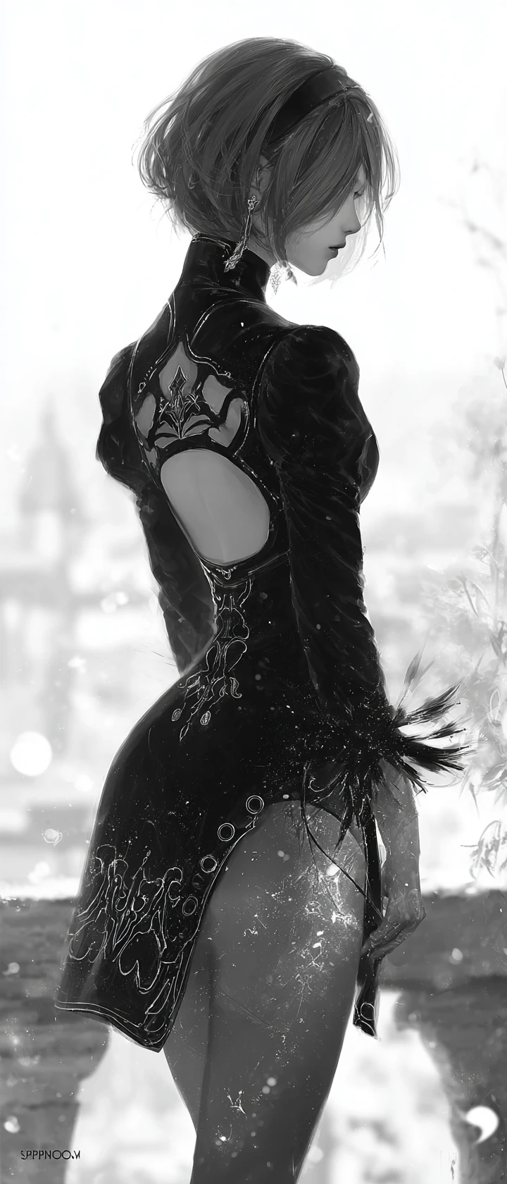 Ethereal anime woman on balcony in glowing black dress