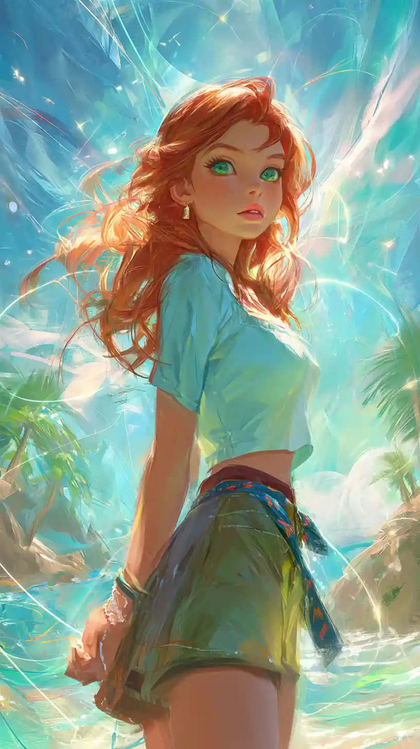 Confident red haired woman on a sunny fantasy beach