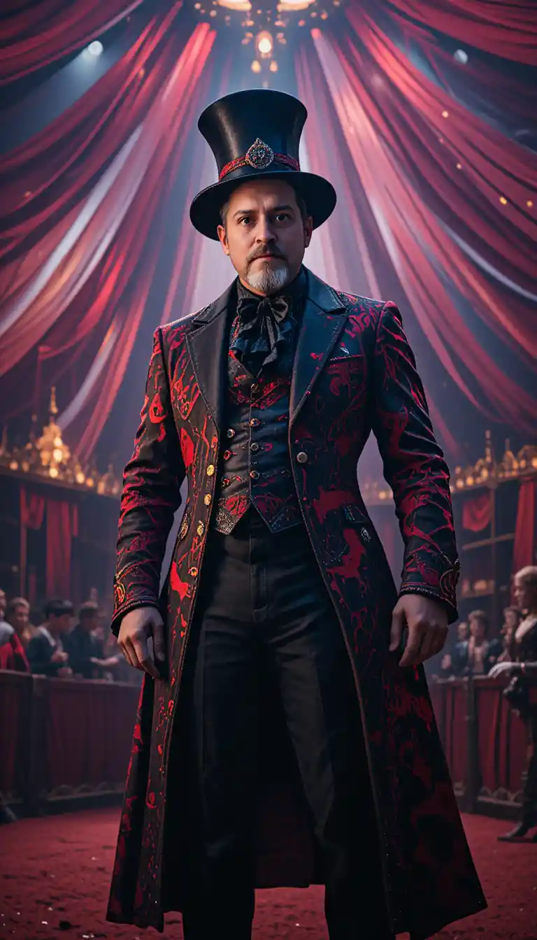 Charismatic ringmaster under the vibrant circus big top