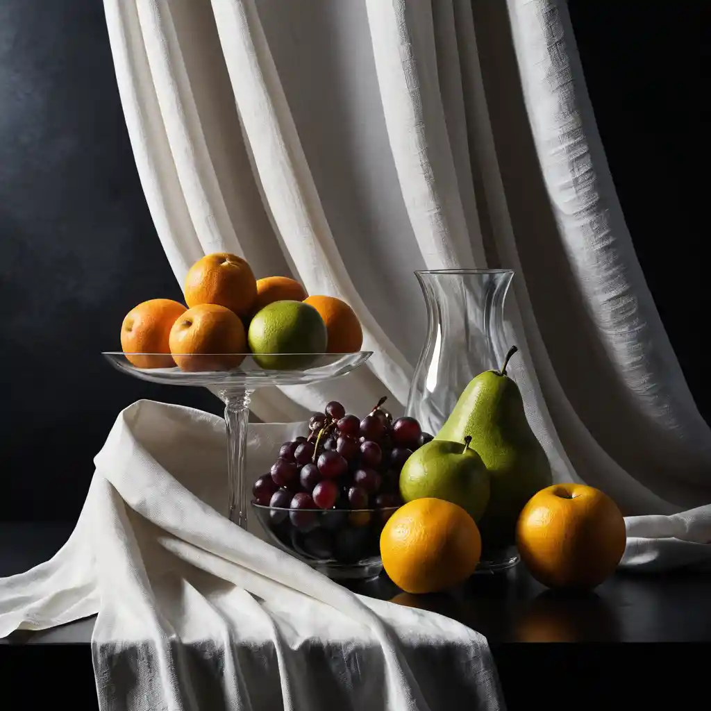 Dramatic still life fruit and glass with bold directional light