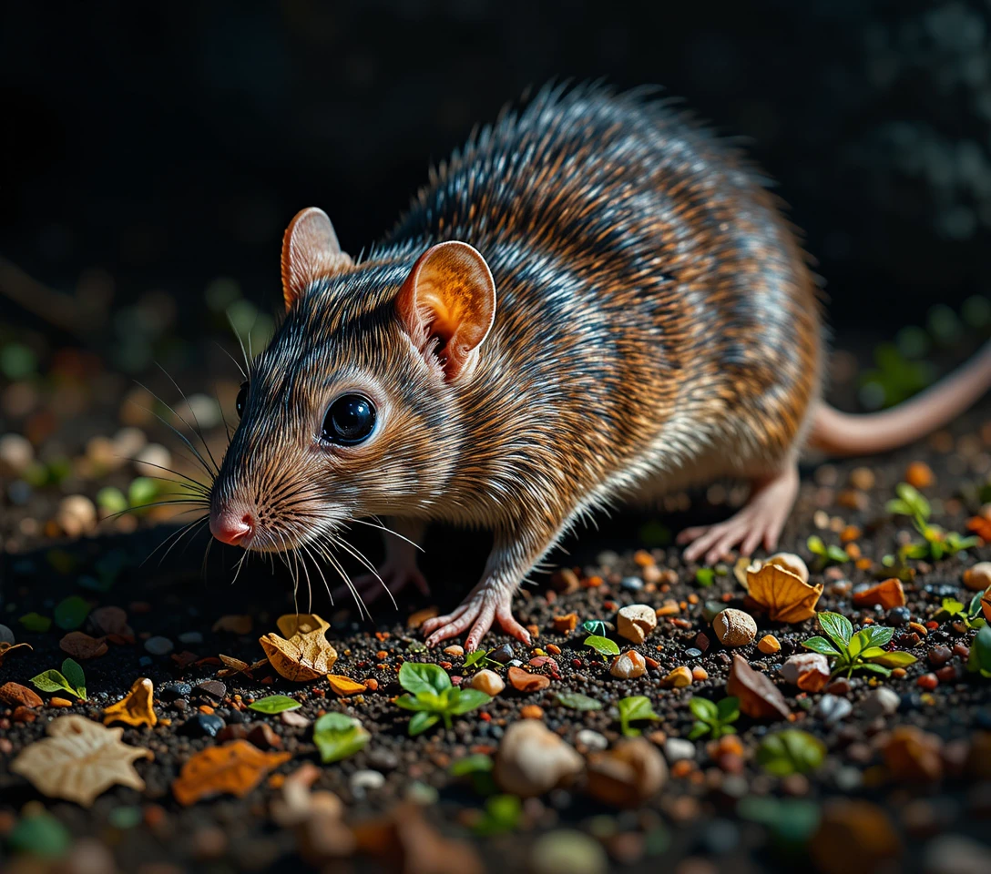Brown wild rat searching for food on earthy ground