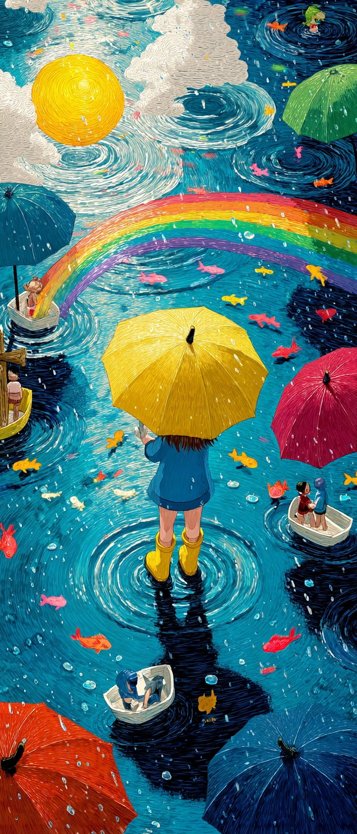 カラフルな雨の水たまり遊び場ではしゃぐアニメ少年