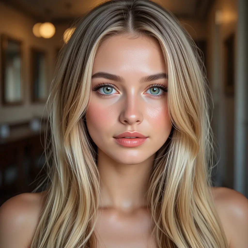 Flirty green eyed blonde girl portrait in soft indoor light