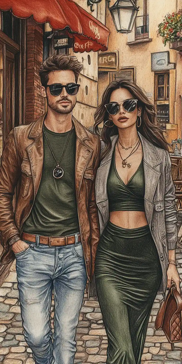 Stylish couple walking on a cobblestone European street