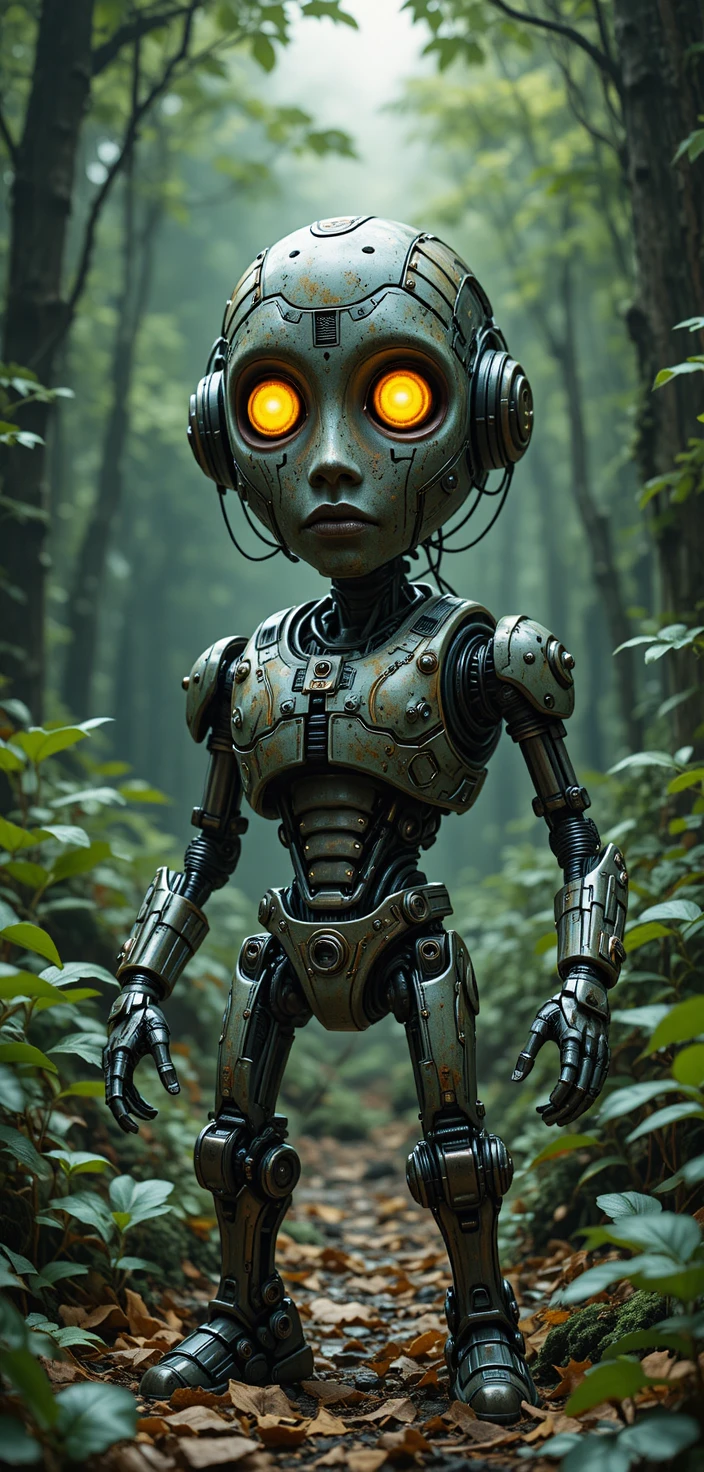 Humanoid robot in camo armor moving through forest scene