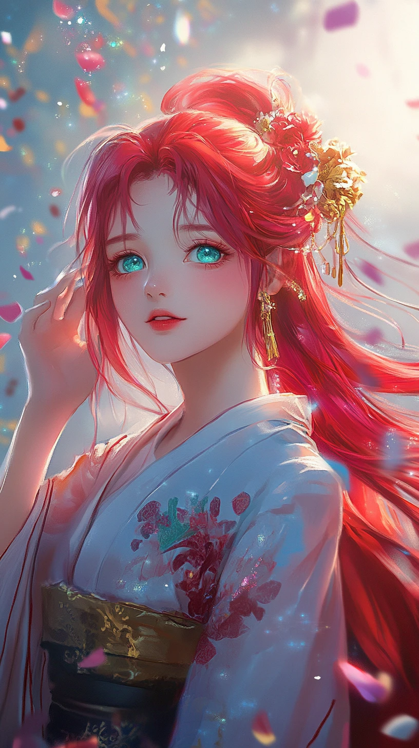 Red haired anime woman in kimono under falling confetti