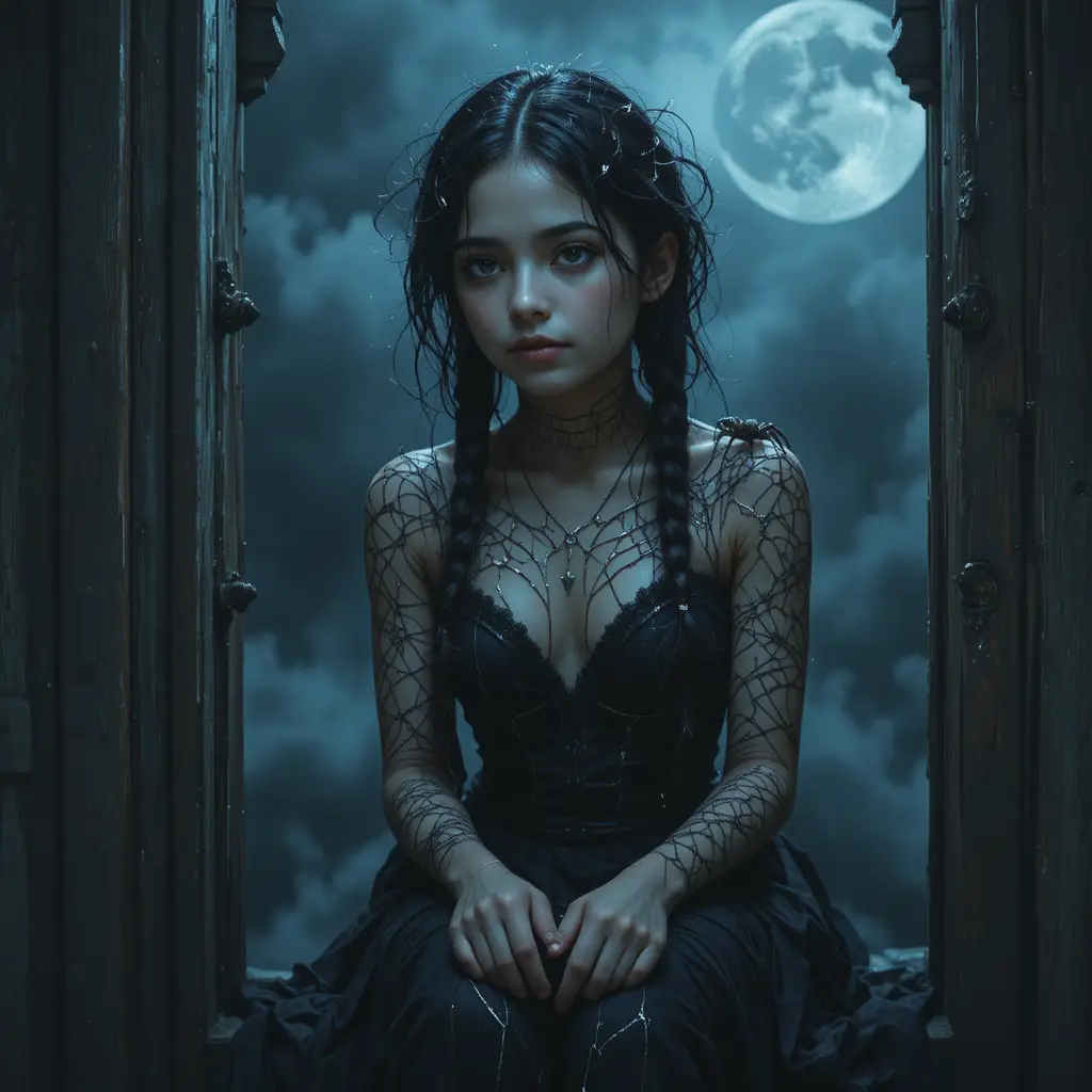 Mysterious girl with spider companion in moonlit night