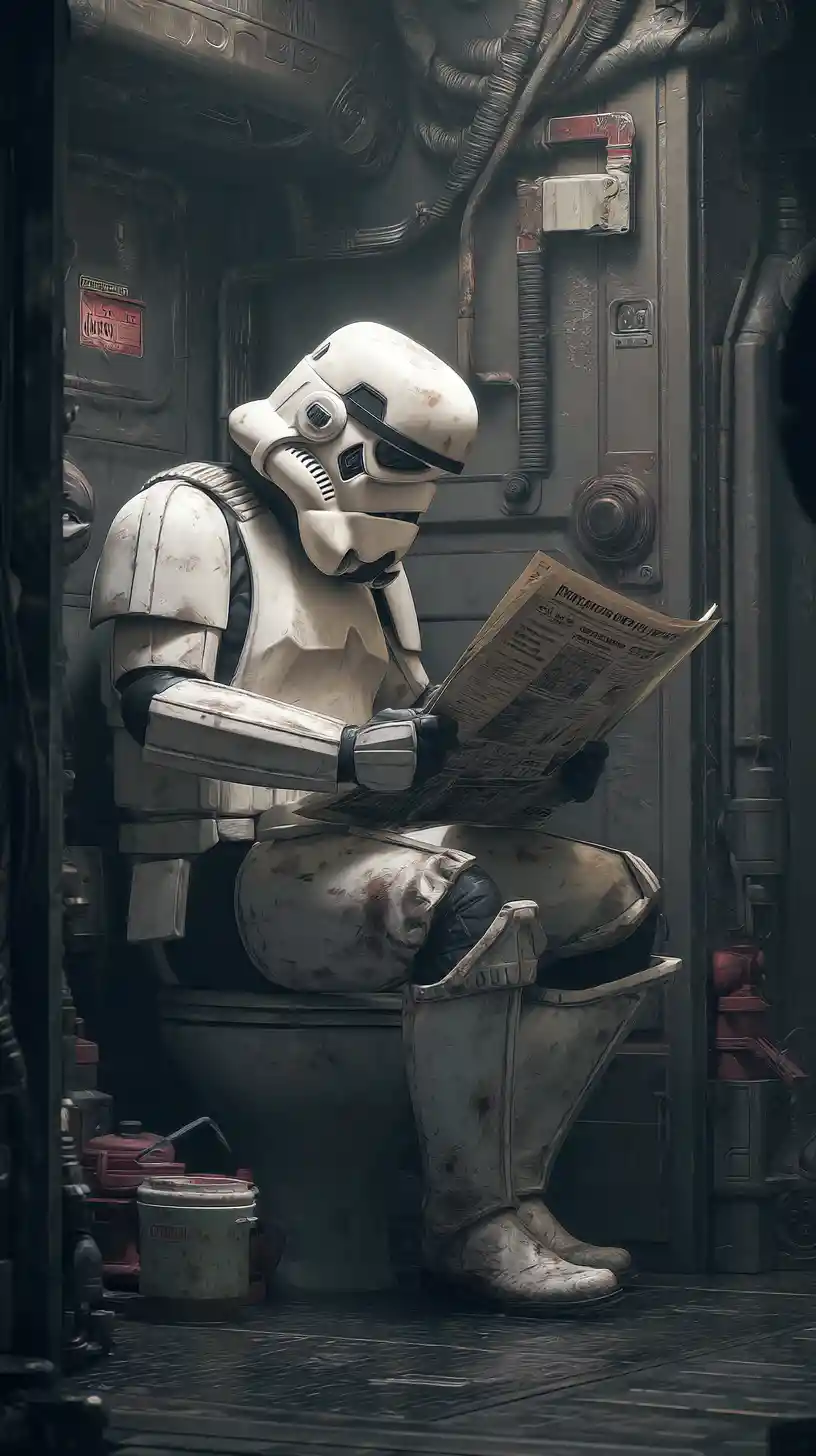 Dark sci fi soldier on a grimy spaceship toilet reading