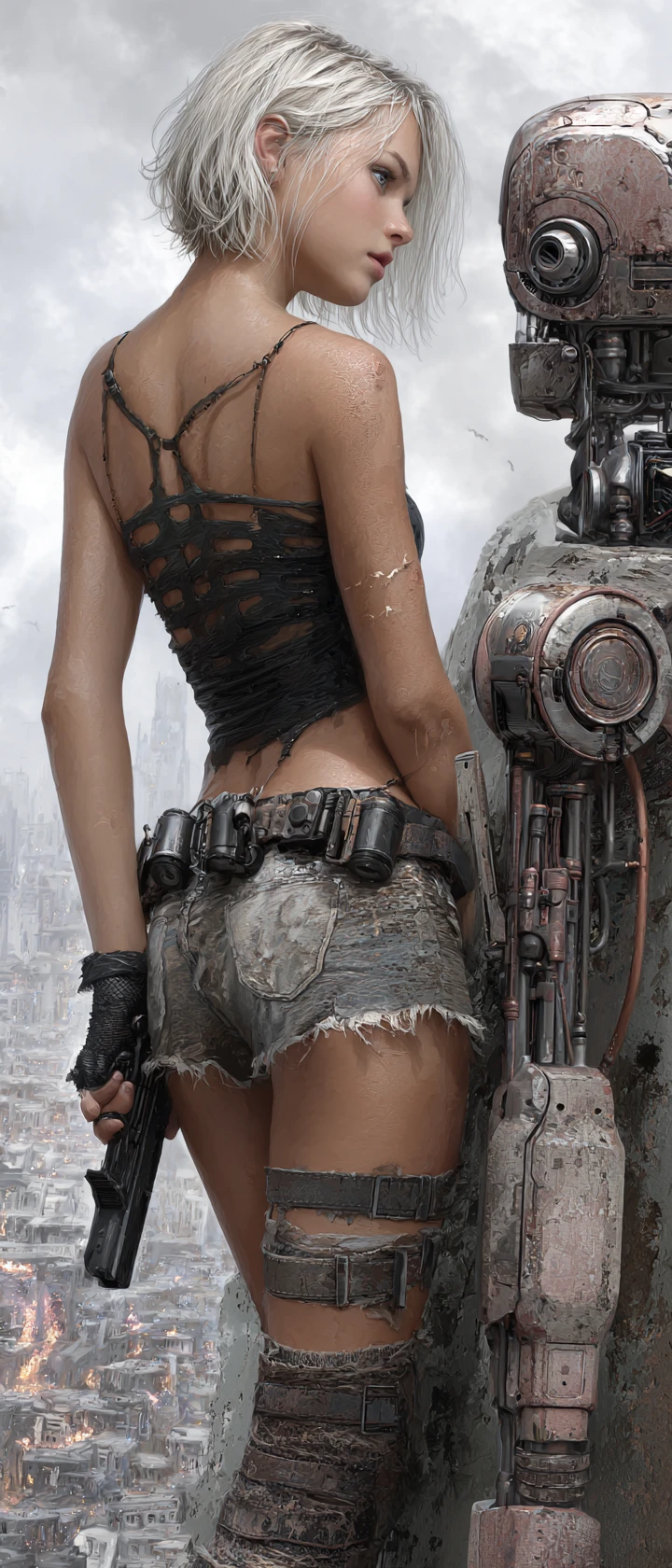 Armed woman with android ally in ruined apocalyptic city