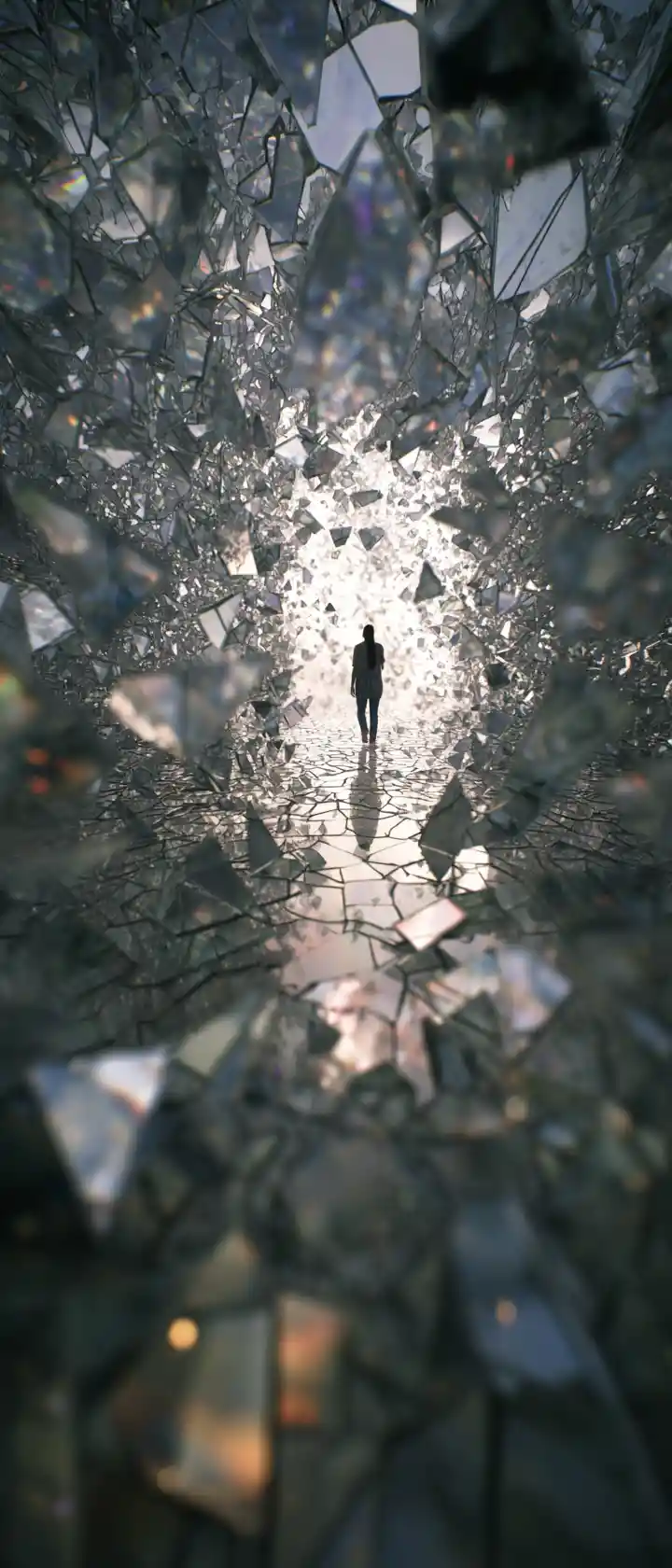 Shattered mirrors reflecting fragmented silhouettes in abstract chaos