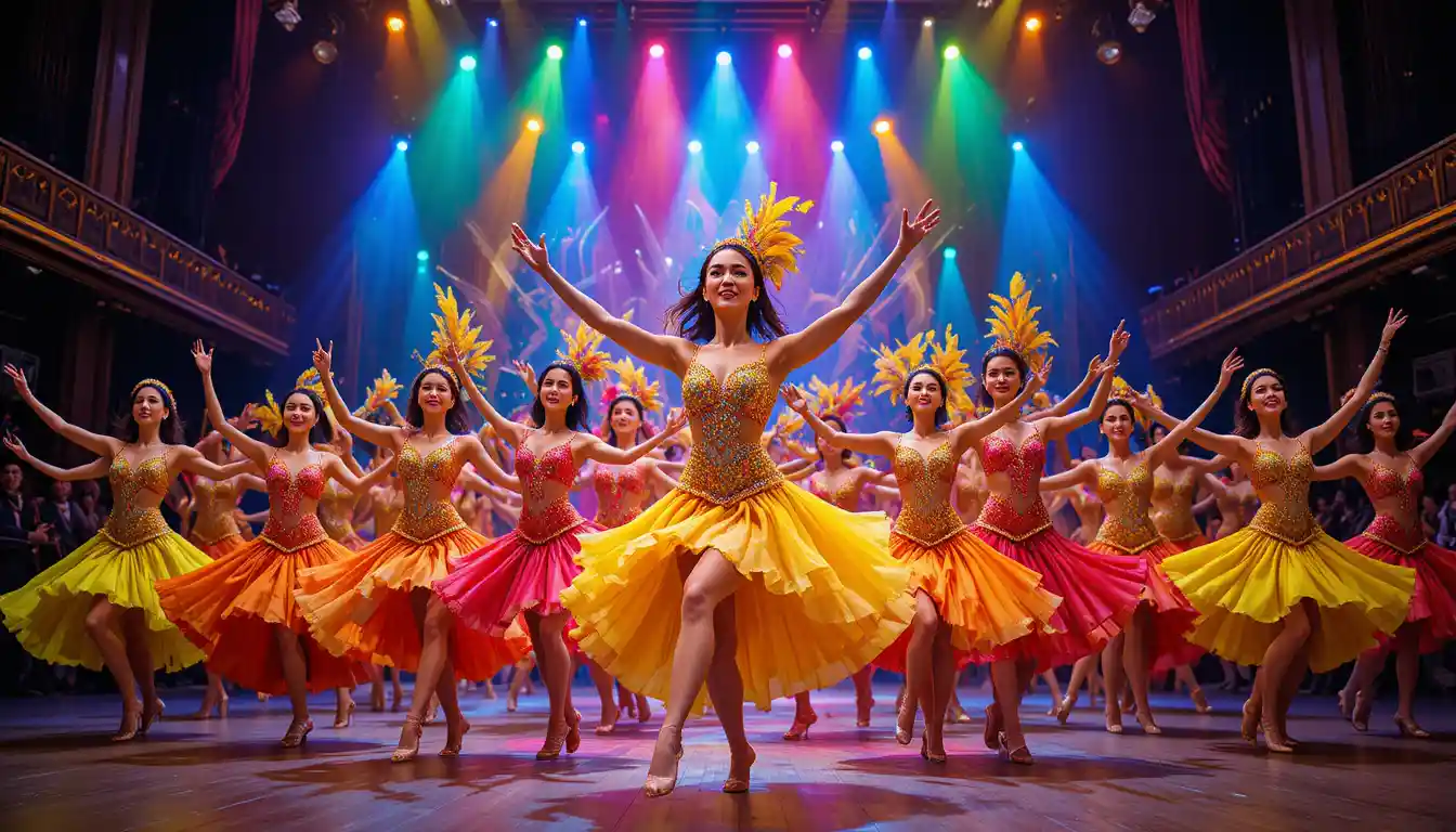 Colorful dance troupe performing on a glowing theater stage