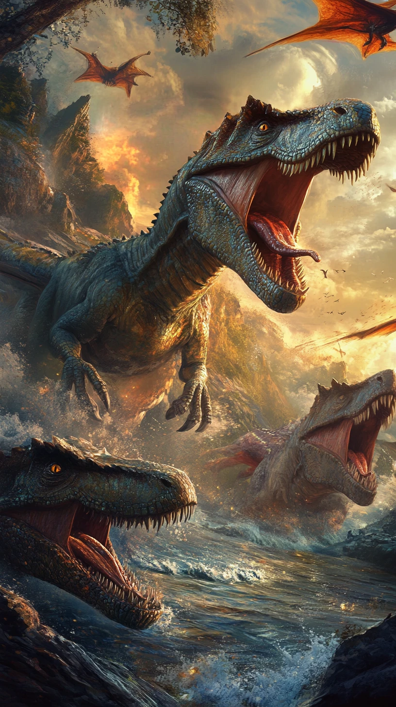 Colorful dinosaurs with varied features and nesting eggs