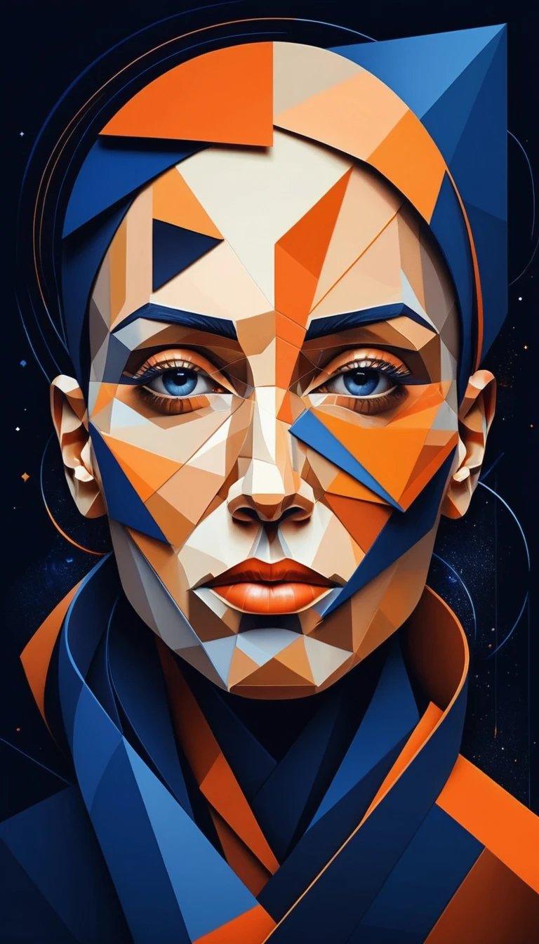 Abstract geometric cubist portrait in blue and orange