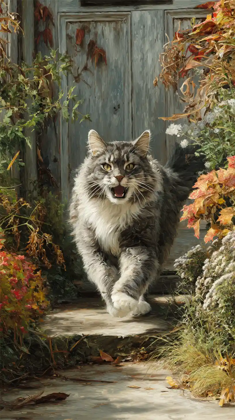 Playful gray and white cat running through autumn garden