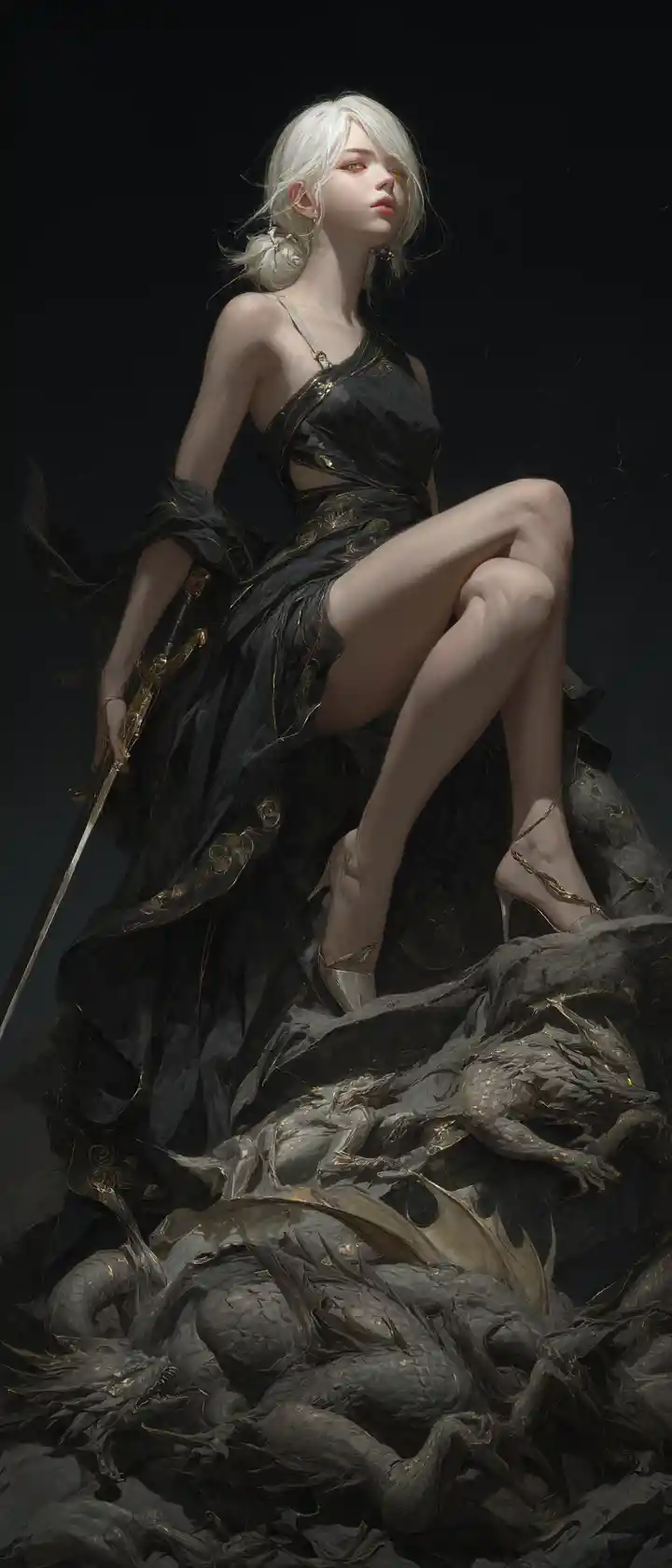 Warrior girl atop fallen dragons in dark fantasy scene