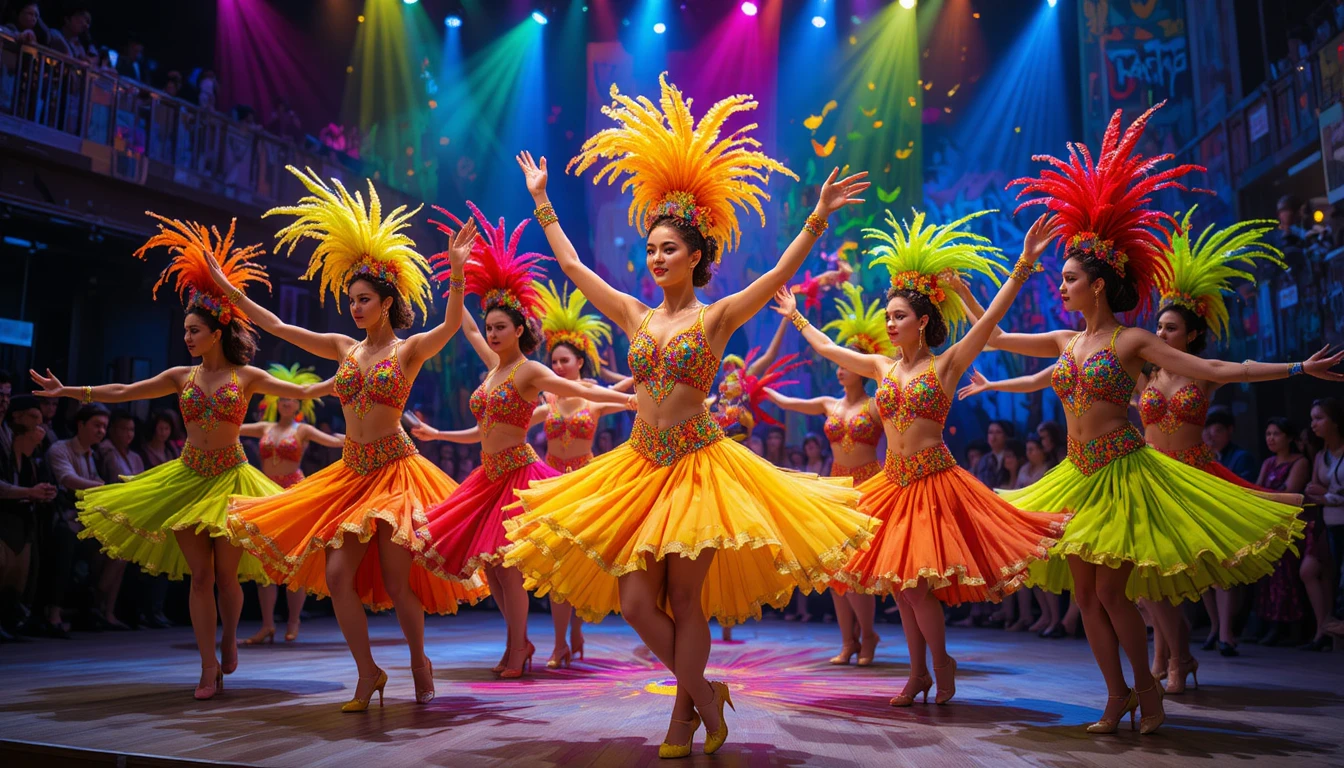 Colorful dance troupe performing on stage before studio audience