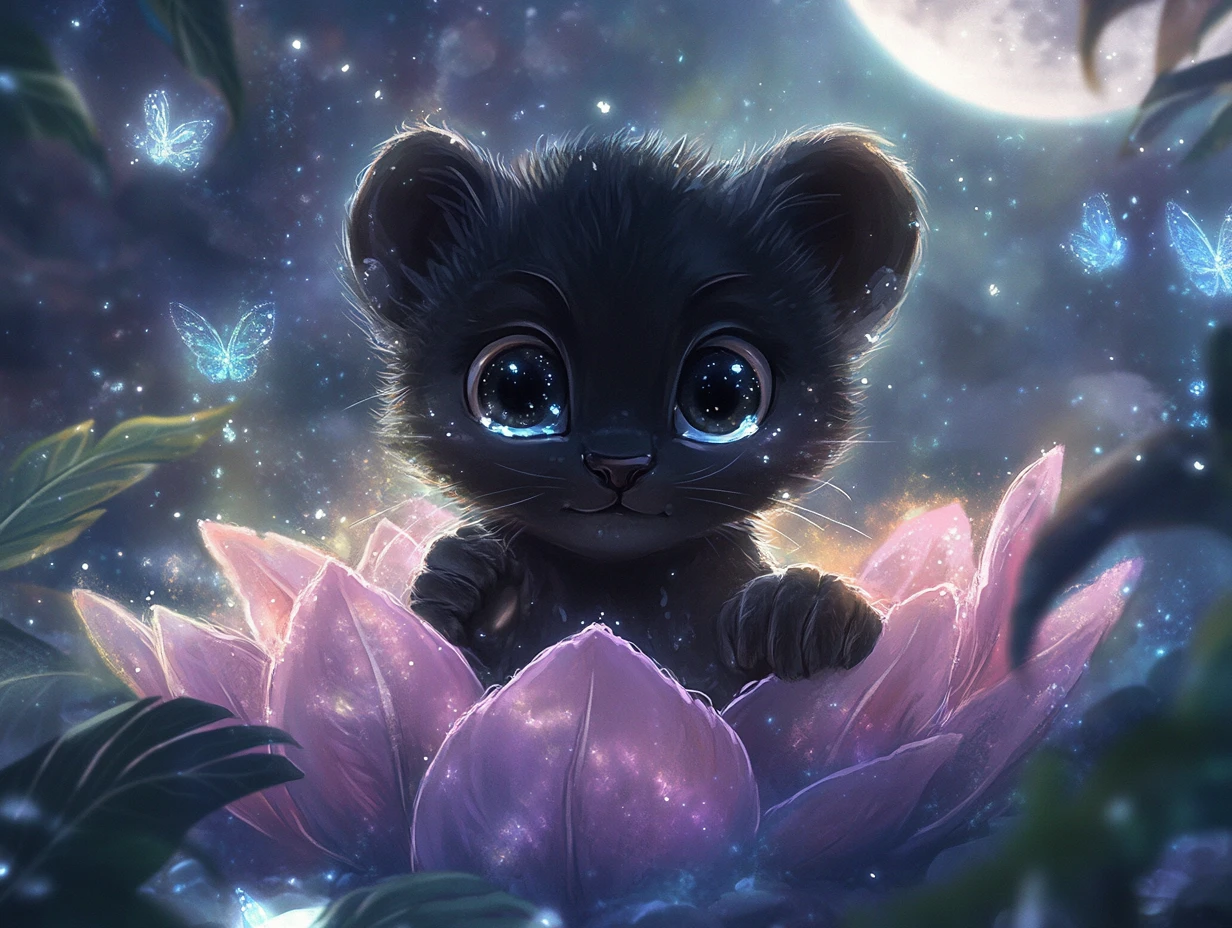 夜晚發光魔法花中的可愛黑豹幼崽