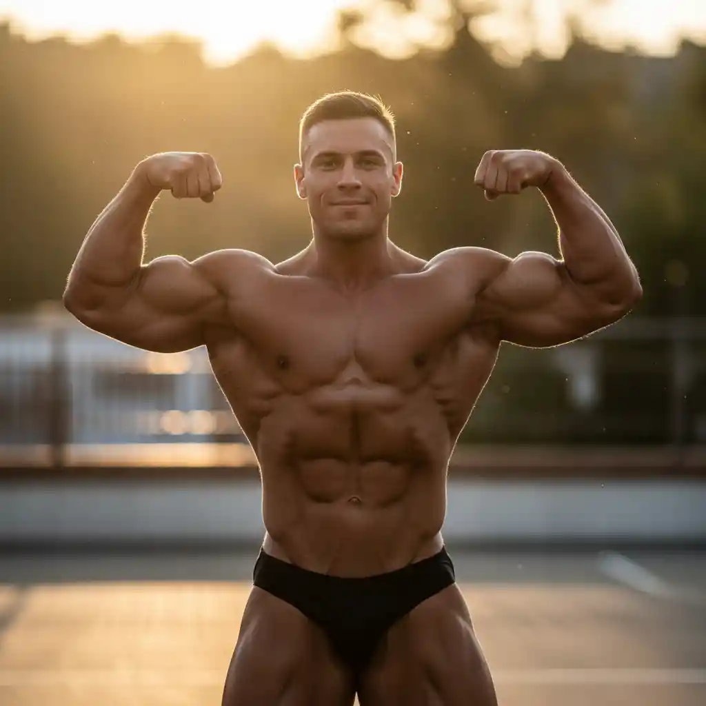 Muscular man flexing with confident smile in warm sunlight