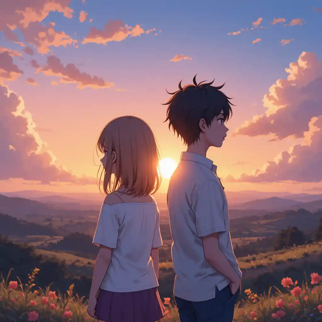 Anime boy and girl at sunset in serene landscape