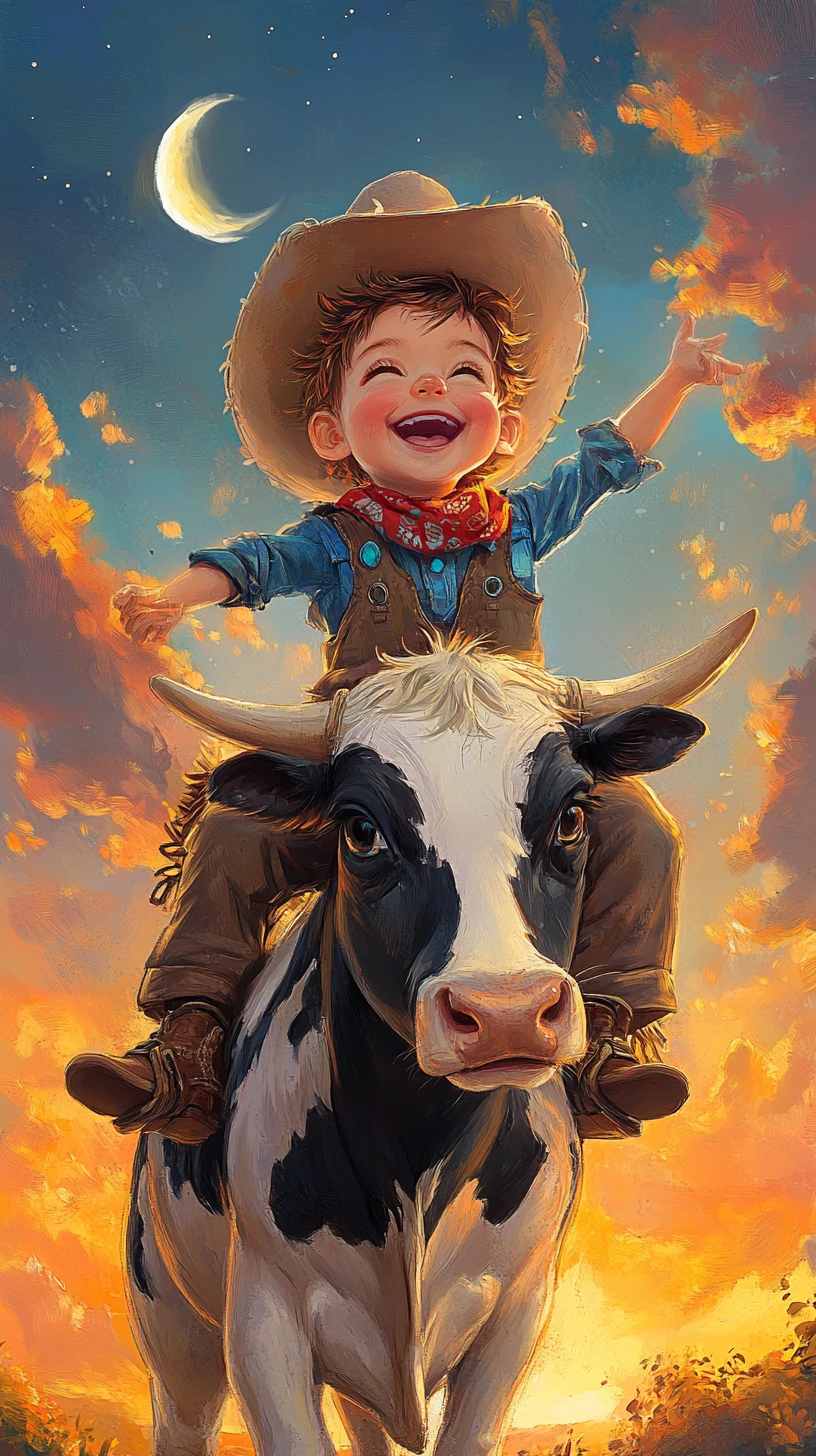 Bambino sorridente che cavalca una mucca al tramonto