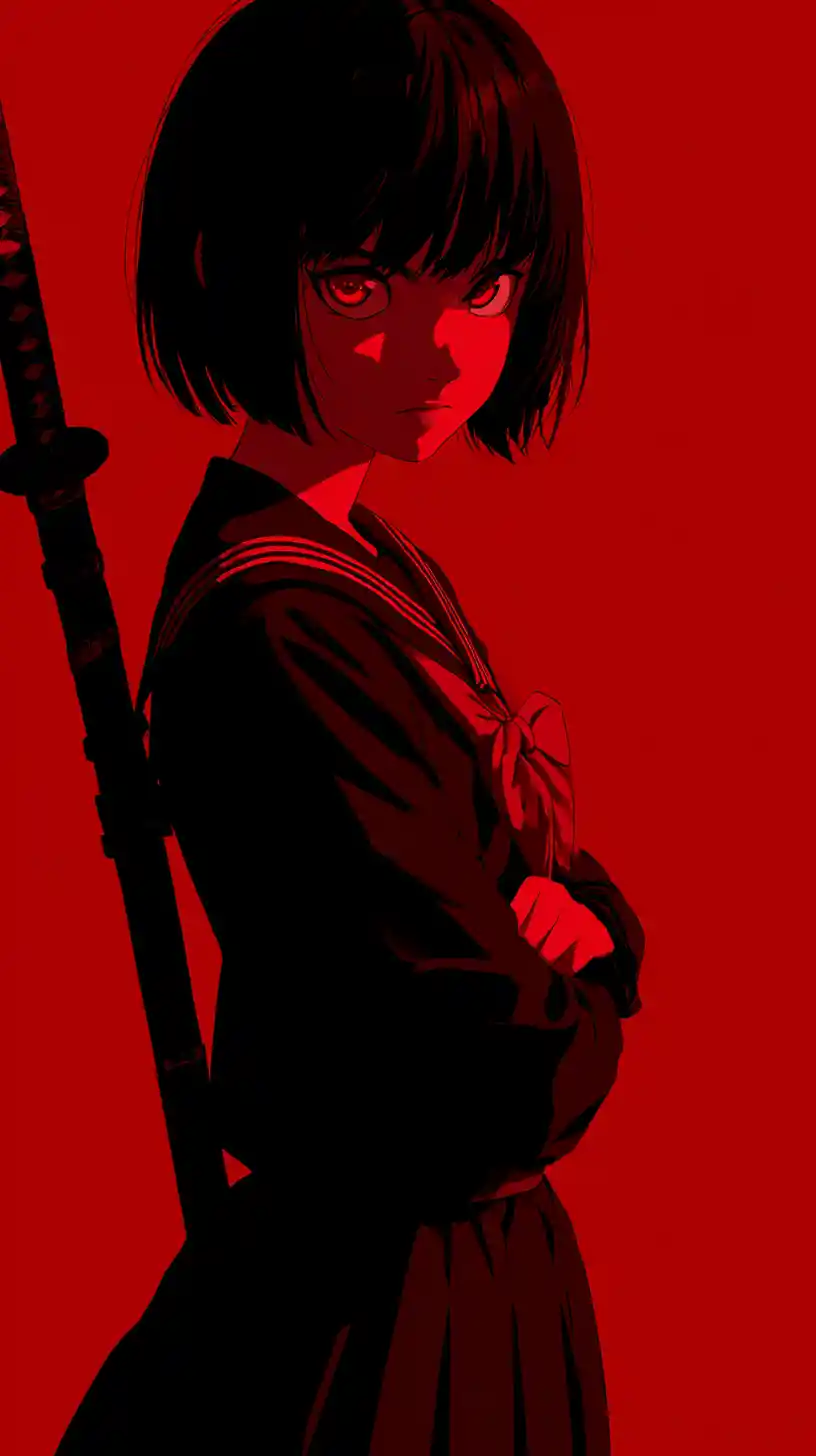 Anime-Mädchen mit Katana in rotem Hintergrund und Schuluniform