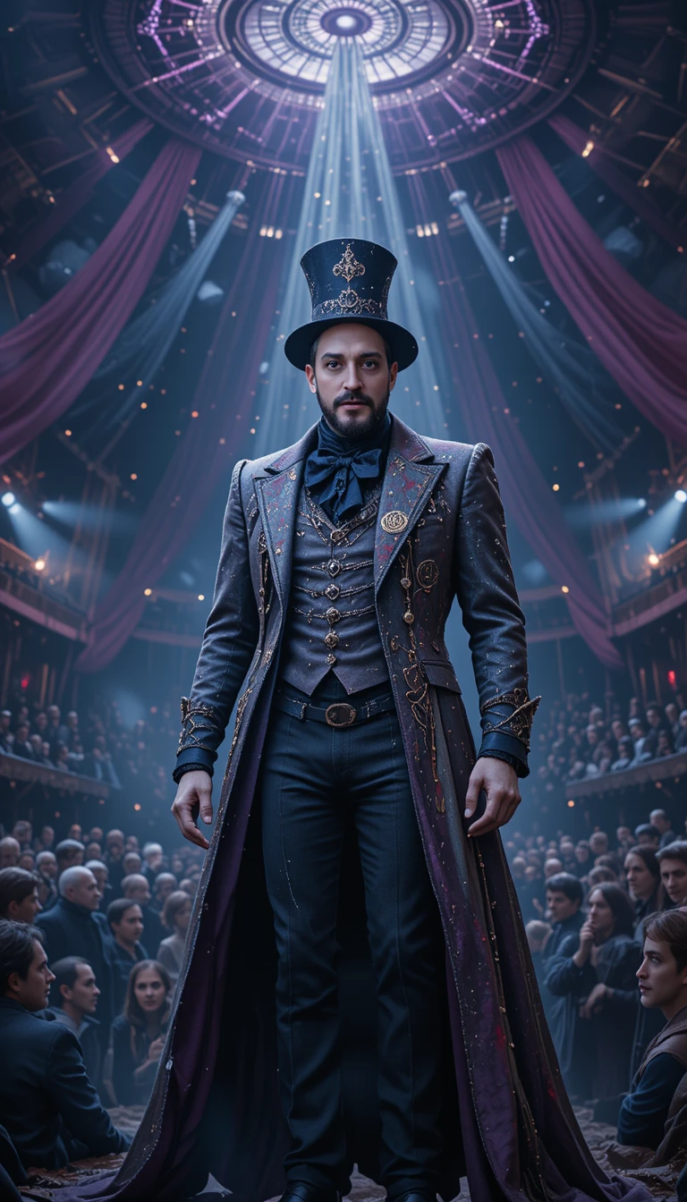 Vampiric ringmaster commanding a dark gothic circus crowd